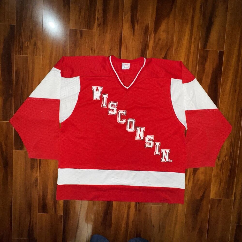 Vintage 80s Wisconsin Badgers Hockey Jersey Red White USA Made KSA XL Koronis
